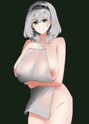 breasts dismassd green_eyes hololive hololive_fantasy hololive_japan huge_breasts looking_at_viewer massive_breasts nipple_slip nipples nude shirogane_noel short_hair silver_hair smile tagme towel towel_only virtual_youtuber