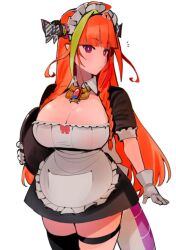 braided_twintails broach cleavage dismassd dragon_girl dragon_horns dragon_tail gloves holding_plate holoforce hololive hololive_japan horns kiryu_coco large_breasts magenta_eyes maid maid_headdress maid_uniform orange_hair pointy_ears stockings tagme thigh_strap virtual_youtuber