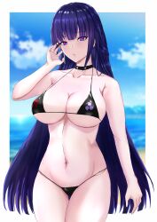 absurdres bare_shoulders bikini black_bikini black_choker breasts choker closed_mouth collarbone commentary_request cowboy_shot day earrings expressionless female highres honkai_(series) honkai_impact_3rd jewelry large_breasts long_hair looking_at_viewer mordrex_art navel nipples nude outdoors parted_lips purple_eyes purple_hair raiden_mei single_earring sky solo standing stomach swimsuit