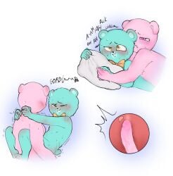 2023 achuchones_(unicorn_wars) anthro bear blue_body blush duo erection genitals gordi_(unicorn_wars) hi_res humanoid_hands iewumin male mammal penis pillow pink_body sex unicorn_wars