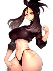 1girls abs black_hair breasts crop_top dendra_(pokemon) facial_scar female fumio_(rsqkr) game_freak large_breasts light-skinned_female light_skin long_hair midriff navel nintendo panties pokemon pokemon_sv scar simple_background slim_waist thick_thighs wide_hips