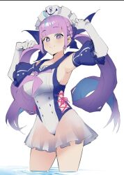 breasts dismassd gloves hololive hololive_gen_2 hololive_japan large_breasts maid maid_headdress minato_aqua one-piece_swimsuit purple_eyes purple_hair smile swimsuit tagme twintails virtual_youtuber