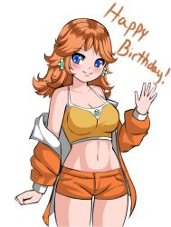 1girls big_breasts blue_eyes breasts brown_hair busty cleavage female female_only large_breasts legs looking_at_viewer mario_(series) midriff navel nintendo princess princess_daisy razorkun short_hair shorts solo tank_top thighs voluptuous