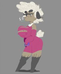 anthro dress female helbaa_(smutbooru) huge_breasts lamb older_female sheep smoking smutbooru solo solo_female