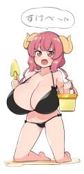 1girls bikini bikini_bottom bikini_top breasts breasts_bigger_than_head cleavage eyebrows eyebrows_visible_through_hair female female_focus female_only horns ilulu_(dragon_maid) japanese_text large_breasts light-skinned_female light_skin looking_at_viewer miss_kobayashi's_dragon_maid pink_eyes pink_hair solo solo_female solo_focus toudori