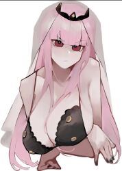 2022 arms_crossed_under_breasts big_breasts black_nails blunt_bangs bra cleavage dismassd female hololive hololive_english hololive_myth long_hair long_pink_hair looking_at_viewer mori_calliope nail_polish painted_nails pink_hair red_eyes sidelocks virtual_youtuber white_background