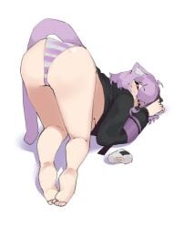 1girls ass ass_up cat_ears cat_tail cleavage clothing dismassd exposed_panties face_down_ass_up feet female food hi_res hololive hololive_gamers hololive_japan hoodie lavender_eyes lavender_hair looking_at_viewer nekomata_okayu nekomimi onigiri pale_skin panties partially_clothed shimapan short_hair simple_background solo_female striped_panties thick_thighs thighs top-down_bottom-up underboob underwear virtual_youtuber vtuber