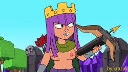 archer_queen_(clash_of_clans) breasts casual_nudity clash_a_rama clenched_teeth crossbow crown gauntlets krazak nipples nude_edit nude_female