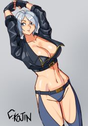 1girls angel_(kof) arms_above_head artist_name artist_request big_breasts blue_eyes busty female female_only fingerless_gloves grey_hair hi_res king_of_fighters legs midriff navel parted_lips short_hair smile snk solo source_request thighs toned voluptuous