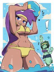 2girls big_breasts bikini bikini_bottom bikini_top blue_eyes dark-skinned_female dark_skin earrings female female_only green_body green_hair green_skin large_breasts looking_at_viewer multiple_girls ponytail purple_hair rottytops shantae shantae_(character) thick_thighs thighs tony_welt wide_hips zombie zombie_girl