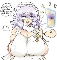 1girls apron big_breasts cleavage hat letty_whiterock light-skinned_female notnoe_(dxcl) purple_hair sideboob steam sweat text text_bubble touhou white_background