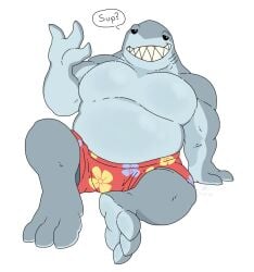 1boy anthro bara chippychipster_(artist) dc dc_comics full_body gay harley_quinn_(series) hawaiian_flower king_shark looking_at_viewer male male_only red_shorts semi_clothed shark shorts sitting smile smiling speaking speaking_to_viewer suicide_squad talking_to_viewer teeth teeth_showing teeth_visible the_suicide_squad underwear waving waving_at_viewer waving_hand