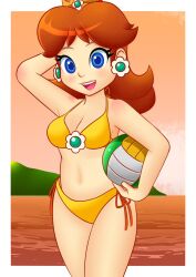 1girls arm_behind_head beach beach_volleyball big_breasts blue_eyes breasts brown_hair busty cleavage female female_only jpeg large_breasts legs mario_(series) mario_and_sonic_at_the_olympic_games navel negicake nintendo ocean open_mouth pose posing princess princess_daisy short_hair smile solo thighs volleyball water