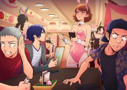 <3 akihiko_sanada atlus breasts bunny_ears bunnygirl bunnysuit cafe casual clothing embarrassed female human junpei_iori looking_away maid makoto_yuki male megami_tensei minato_arisato omniformblue ordering_food pale_skin persona persona_3 pink_bunnysuit public yukari_takeba