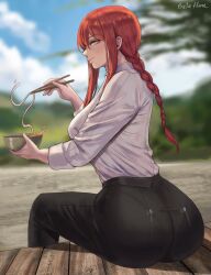 1girls ass ass_focus betahimeko big_ass black_pants bottomwear bowl braid breasts chainsaw_man cutesexyrobutts_(style) dat_ass female female_only hair holding_object huge_ass makima_(chainsaw_man) pants pantylines red_hair shirt solo solo_female thighs topwear white_shirt yellow_eyes