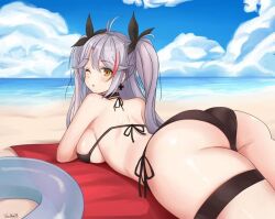 1girls alternate_costume azur_lane beach big_ass clouds female female_only iron_blood_(azur_lane) light-skinned_female light_skin looking_at_viewer looking_back official_alternate_costume one_eye_closed outside pov prinz_eugen_(azur_lane) prinz_eugen_(unfading_smile)_(azur_lane) sand silver_hair sky solo swimsuit twintails water white_hair wink yellow_eye yellow_eyes