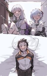 1boy 2futas angeru_(pixiv9562919) before_sex black_hair clothed clothing dickgirl/male emilia_(re:zero) fully_clothed futa_on_male futadom futanari imminent_rape kicking light-skinned_futanari light-skinned_male light_skin male multiple_futa natsuki_subaru re:zero_kara_hajimeru_isekai_seikatsu rem_(re:zero) short_hair sitting standing submissive_male