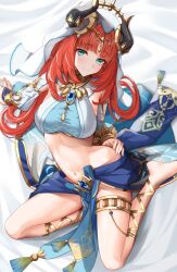 1girls belly_button belly_dancer blue_eyes breasts female female_only fully_clothed genshin_impact hand_on_hip harem_outfit hi_res hips horn looking_at_viewer midriff nilou_(genshin_impact) red_hair skirt smile smiling_at_viewer teasing veil whitepakaillust