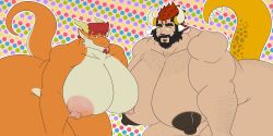 2boys all_fours bara big_breasts big_nipples breasts busty_boy chimera dragon dragon_himbo facial_hair gay gus_the_chimera_dad horns lucio_soliz male_breasts male_only male_tits male_with_breasts orange_skin tail tiredchimeradad