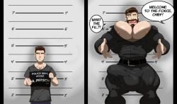 1boy belt big_balls big_pecs big_penis brown_hair bursting_clothes erect_penis erection expansion facial_hair goatee green_eyes growth height_growth kartos male_only mugshot muscles muscular_male nipples_peek pale_skin pecs solo_male uniform