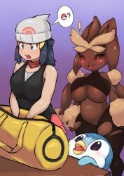 2023 ? ambiguous_gender anthro bag big_breasts black_sclera blue_eyes blue_hair bodysuit boingfarm bottomwear breasts clothed clothing dawn_(pokemon) duffel_bag eyelashes female fully_clothed generation_4_pokemon genitals group hair hat headgear headwear hi_res human long_ears lopunny mammal mega_evolution mega_lopunny nintendo open_mouth open_smile pictographics piplup pokemon pokemon_(species) pussy red_eyes scarf short_hair skinsuit skirt smile speech_bubble standing tight_clothing torn_clothing trio under_boob