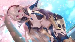 1girls alternate_costume bare_midriff bare_thighs blonde_hair bodystocking breasts cherry_blossoms cleavage corrin_(fire_emblem) corrin_(fire_emblem)_(female) cosplay day dirty female female_only fire_emblem fire_emblem_fates from_below hair_between_eyes hairband heavy_breathing inner_thighs kashiwamochi_yomogi large_breasts long_hair looking_at_viewer looking_down midriff nintendo nyx_(fire_emblem)_(cosplay) open_mouth outdoors panties pantyshot pantyshot_(standing) pelvic_curtain petals pointy_ears purple_panties red_eyes smile solo steaming_body sweat sweaty thighhighs thighs torn_clothes tree underboob underwear upskirt