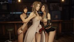 3d 3d_(artwork) 3girls aerith_gainsborough biting_lip blue_eyes bottomless brown_eyes brown_hair dochaunt24 dress_lift exposed_breasts exposed_panties female female_only final_fantasy final_fantasy_vii hand_on_thigh smooth_skin square_enix tifa_lockhart undressing watermark yuffie_kisaragi yuri