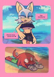 absurd_res anthro beach biped blush breasts clothing dialogue duo english_text erection genitals gynomorph hi_res intersex intersex/male knuckles_the_echidna male molu9818 penis penis_under_skirt rouge_the_bat seaside sega sonic_(series) sonic_the_hedgehog_(series) speech_bubble swimwear text under_boob