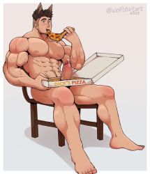 1boy big_pecs blush boner brown_hair eating_pizza erect_penis erection looking_at_viewer male male_only muscular_arms muscular_male naked nude oc pizza pizza_box sitting sitting_on_chair solo solo_male undercut veiny_penis wolf_ears wolfshirtart