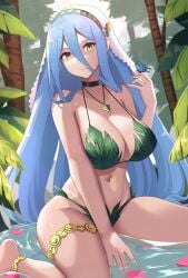 1girls alternate_costume anklet azura_(fire_emblem) bare_shoulders bikini blue_hair breasts bug butterfly butterfly_on_hand camilitrox_cr camilitroxcr cleavage commission female female_only fire_emblem fire_emblem_fates forest green_bikini green_swimsuit hair_between_eyes highres in_water jewelry large_breasts leaf_bikini long_bangs long_hair looking_at_viewer nature navel necklace nintendo parted_lips petals petals_on_liquid sitting solo swimsuit thighlet tree veil very_long_hair wariza white_veil yellow_eyes