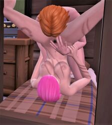 blue_eyes breasts eating_pussy nude orange_hair original_character pink_hair pussy sex sims4 the_sims the_sims_4 whicked_whims