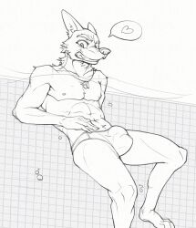 absurd_res anthro bulge canid heart hi_res line_art male mammal orioz oriozfox pool public solo swimming_pool tenting underwater water