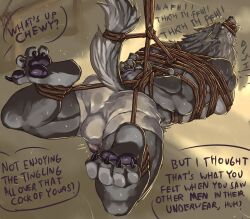 2019 ankles_tied anthro arms_tied ass back_muscles biceps big_bulge big_butt bodily_fluids bondage bound bulge canid canine canis clothed clothing crying digital_media_(artwork) english_text erection eyebrows feet foster-tony fur grey_body grey_fur male mammal muffled muffled_speech muscular muscular_anthro muscular_male muscular_thighs muzzle_(object) muzzled notched_ear offscreen_character quads questionable_consent restraints rope rope_bondage rope_harness solo speech_bubble spread_toes story story_in_description submissive submissive_anthro submissive_male sweat tail talking_to_another tears teeth tenting text thick_thighs toes underwear underwear_only wolf