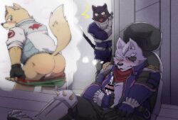 anthro ass balls blush canid canine canis caught fantasizing felid fox fox_mccloud genitals hi_res humanoid_genitalia humanoid_penis male male_only mammal masturbation nintendo panther_caroso pantherine penile penile_masturbation penis shinki_k star_fox wolf wolf_o'donnell