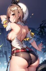 ai_generated alternate_color ass ass_focus atelier_(series) atelier_ryza atelier_ryza_3 bare_shoulders black_shorts blush breasts brown_eyes brown_hair corset female from_behind hair_ribbon hairclip hat huge_ass large_breasts looking_at_viewer looking_back medium_breasts reisalin_stout shiny shiny_clothes shiny_hair shiny_skin short_hair short_shorts shorts sideboob solo thick_thighs