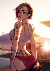 1girls cyberpunk_2077 dyed_hair female female_only judy_alvarez panties snaexist solo sorbae sunset tattoo tattoos underwear