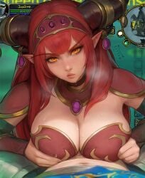 1boy 1girls age_difference alexstrasza amber_eyes animal_humanoid armor big_breasts bikini_armor blizzard_entertainment bodily_fluids breast_grab breast_play breastplate breasts breasts_squeezed_together choker cleavage clothed clothing dragon dragon_humanoid duo english_text female first_person_view hair hand_on_breast hi_res highres horn horn_ornament horned_humanoid horns human humanoid humanoid_pointy_ears kittew large_breasts light-skinned_female light-skinned_male light_skin lips long_eyebrows long_hair looking_at_viewer male male/female mammal milf older_female older_woman_and_younger_boy paizuri paizuri_under_clothes parted_lips penis pov red_hair sex solo_focus speech_bubble steam straight text titjob warcraft world_of_warcraft yellow_eyes younger_male