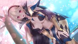 1girls alternate_costume bare_midriff bare_thighs blonde_hair bodystocking breasts cape cherry_blossoms cleavage corrin_(fire_emblem) corrin_(fire_emblem)_(female) cosplay day dirty female female_only fire_emblem fire_emblem_fates from_below hair_between_eyes hairband heavy_breathing inner_thighs kashiwamochi_yomogi large_breasts long_hair looking_at_viewer looking_down midriff nintendo nyx_(fire_emblem)_(cosplay) open_mouth outdoors panties pantyshot pantyshot_(standing) pelvic_curtain petals pointy_ears purple_panties red_eyes smile solo steaming_body sweat sweaty thighhighs thighs tree underboob underwear upskirt