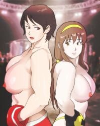 2girls back_to_back black_boxing_gloves black_gloves black_hair borrowed_character boxing boxing_gloves breasts brown_eyes brown_hair duo female female_only highres junko_shishido large_breasts light-skinned_female light_skin lips lipstick long_hair multiple_girls muscular muscular_female nappii_(nappy_happy) original red_boxing_gloves red_eyes red_gloves red_lipstick short_hair suzume_mitsuki topless topless_boxing