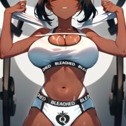 1girls ai_generated bleached bleached_clothing dark-skinned_female flexing gym gym_uniform nemona_(pokemon) pixai pokemon pokemon_sv queen_of_hearts smile sports_bra sweat