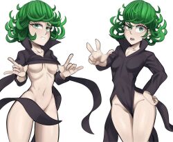 1girls bare_legs barryfactory belly_button black_dress bottomless breasts convenient_censoring dress female female_only lifting_shirt long_sleeves no_panties one-punch_man pelvic_curtain solo tatsumaki wheatly101 white_background