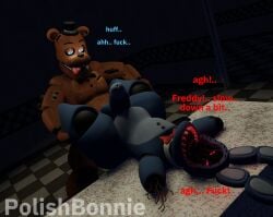 2boys anthro ass balls bear dialogue english_text erection five_nights_at_freddy's five_nights_at_freddy's_2 fnaf gay hi_res humanoid living_machine looking_pleasured male male/male male_only penis polishbonnie rabbit red_eyes robot sex text withered_bonnie withered_freddy