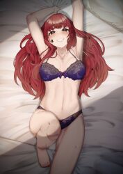 1girls absurdres armpits baby_bangs bare_thighs bed bed_sheet bedroom_eyes blush bow bowtie bra breasts brown_eyes commentary_request dot_nose facial_mark facial_tattoo female female_only fire_emblem fire_emblem_engage grin hair_ornament highres large_breasts light lingerie long_hair looking_at_viewer medium_bangs navel nintendo on_back on_bed panties pillow purple_bow purple_bowtie purple_panties r-man red_eyes red_hair sheet_grab smile solo star_(symbol) star_facial_mark star_hair_ornament sweat tattoo teeth thighs underwear yunaka_(fire_emblem)