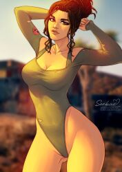 beauty_mark breasts cleavage cyberpunk_2077 hips leotard panam_palmer snaexist sorbae