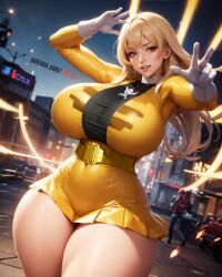 1girls ai_generated big_breasts blonde_hair gia_moran gloves gokai_yellow kw0337 power_rangers power_rangers_megaforce power_rangers_super_megaforce super_sentai tagme thick_thighs yellow_ranger