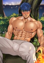 1boy bara fire_emblem fire_emblem:_path_of_radiance fire_emblem:_radiant_dawn ike_(fire_emblem) male_only pants shirtless solo suyohara sweat