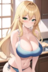 blonde_hair blurry green_eyes kitchen out_of_focus smile sports_bra