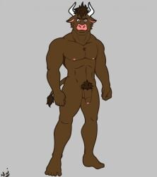 2023 abs anthro balls biceps biped bovid bovine brown_body brown_fur brown_hair cattle digital_media_(artwork) evan_(sheng) eyebrows flaccid foreskin full-length_portrait fur genitals glans grey_background hair hi_res horn male mammal muscular muscular_anthro muscular_male nipples partially_retracted_foreskin pecs penis portrait pubes rhaiko simple_background solo standing tail tail_tuft tuft