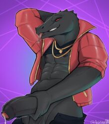 2023 abs anthro anthro_only big_penis black_body clothed clothing digital_media_(artwork) epic_games exsys foreskin forked_tongue fortnite genitals jewelry male male_only nipples partially_clothed penis red_clothing red_eyes rolled_up_shirt scalie simple_background solo teeth thunder_(fortnite) tongue tongue_out