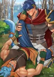 2boys animal_ears blue_eyes blue_hair blush clothed facial_markings fire_emblem fire_emblem:_path_of_radiance fire_emblem:_radiant_dawn gay heterochromia ike_(fire_emblem) laguz_(race) laying_down male_only muscles muscular muscular_male outdoors ranulf_(fire_emblem) suyohara yaoi